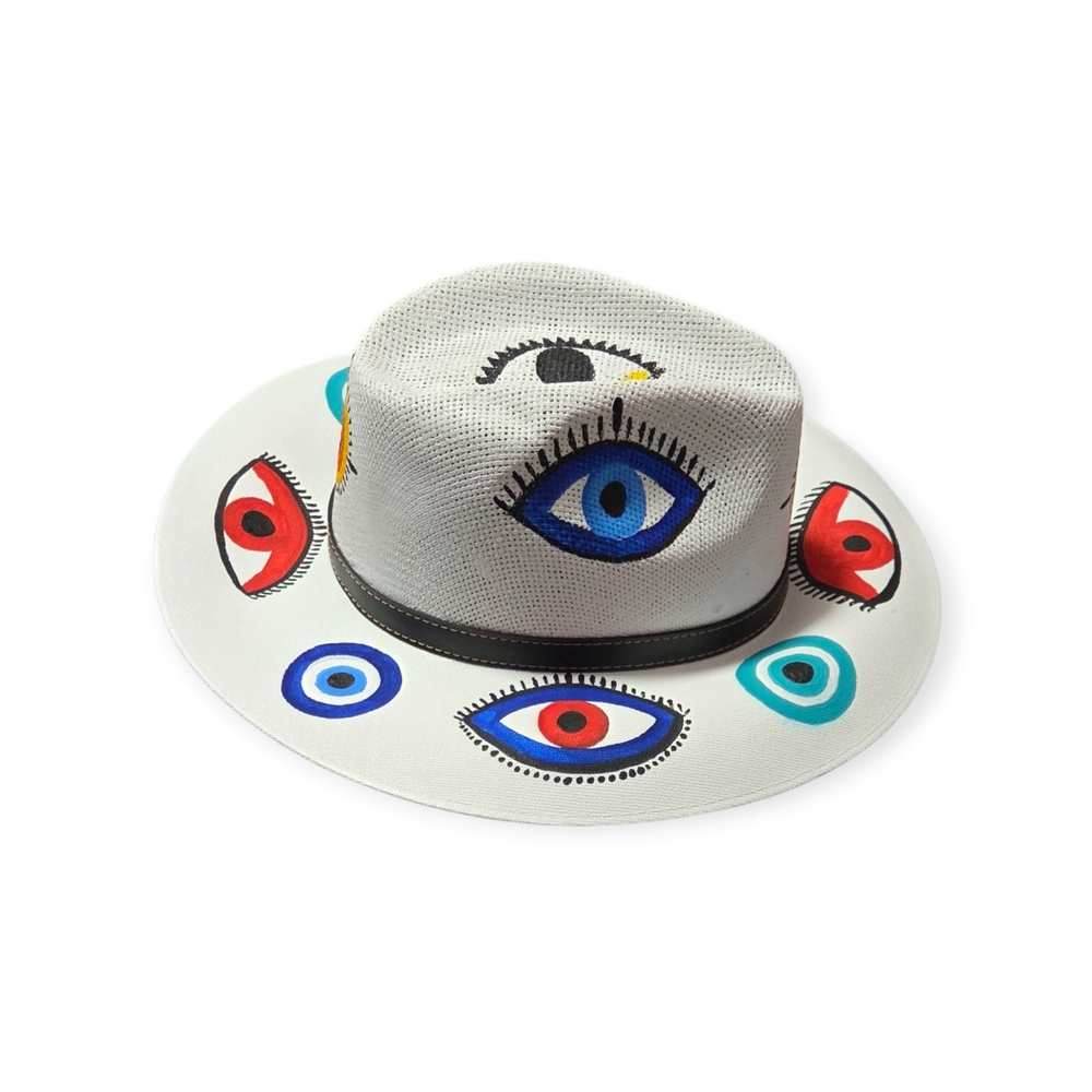 Stylish Eye-Patterned Women's Fedora Hat in White and Blue